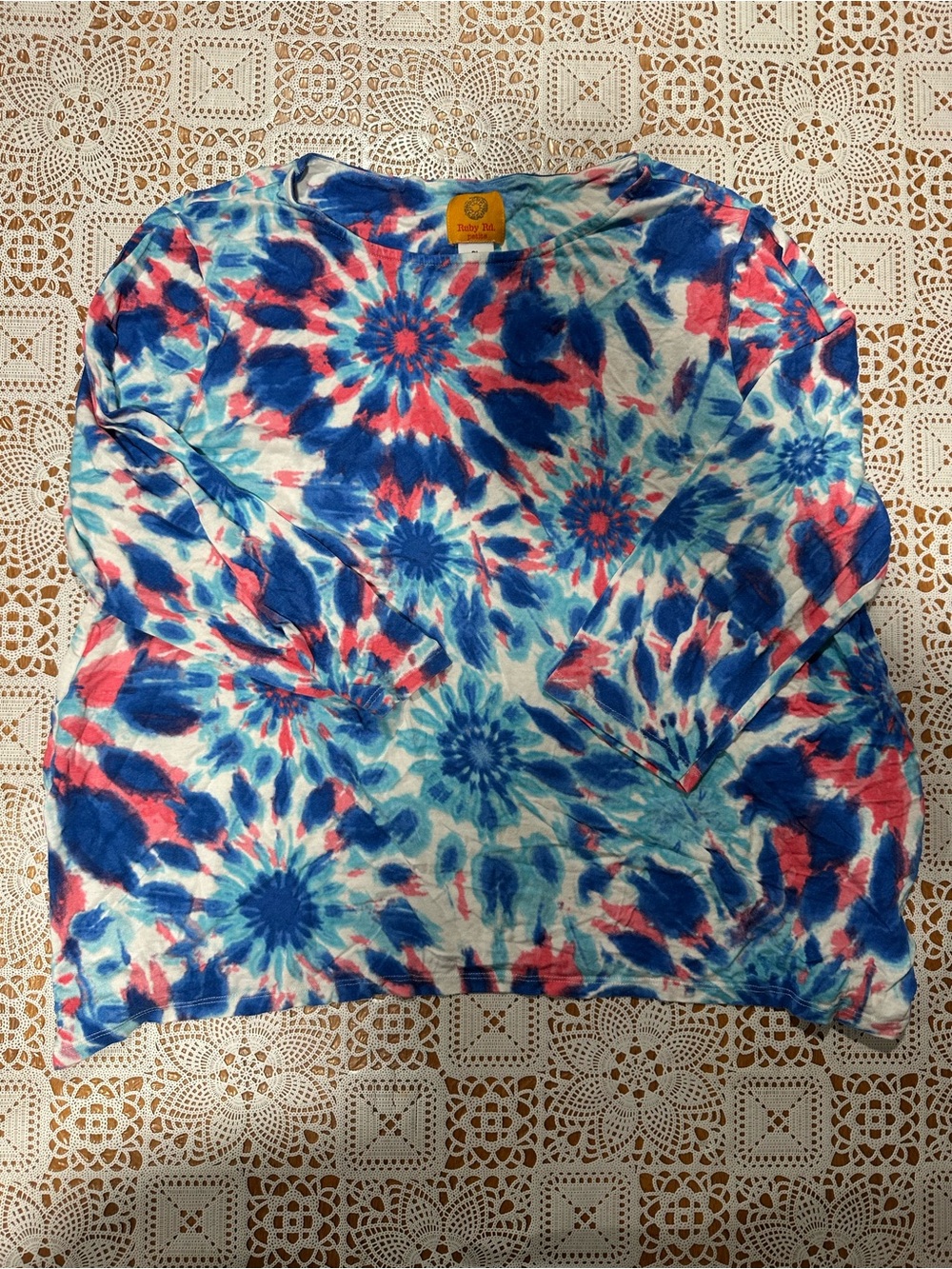 Ruby Rd Petite PL Floral Tie Dye Long Sleeve Top Blue Pink